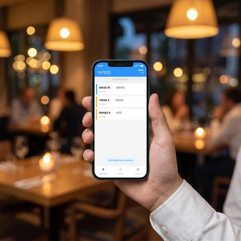 Restoran salonunda personelin telefonunda VyApp Smart Call çağrı listesi
