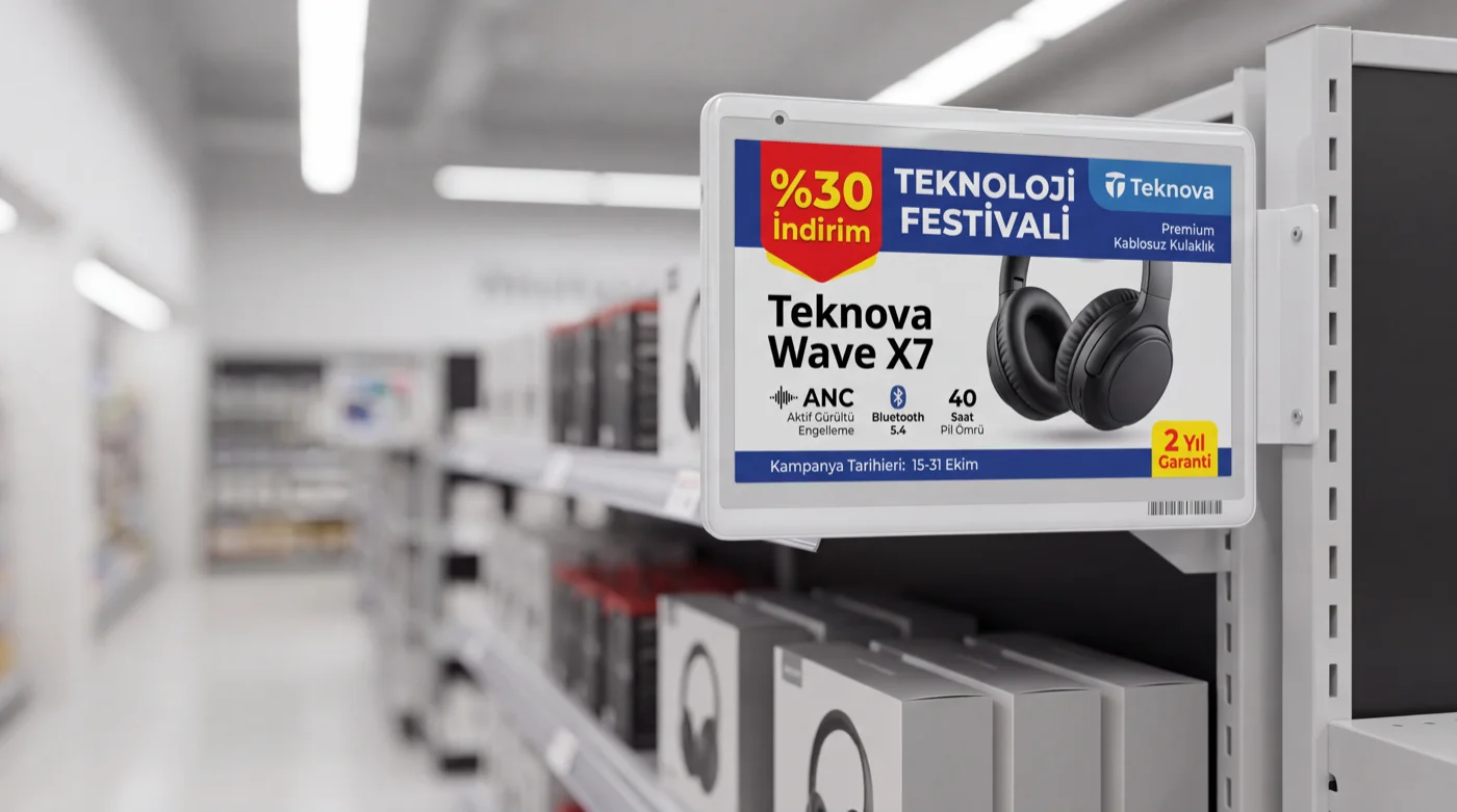 VyTag 7.3 inch info display mounted on an aisle end showing campaign artwork