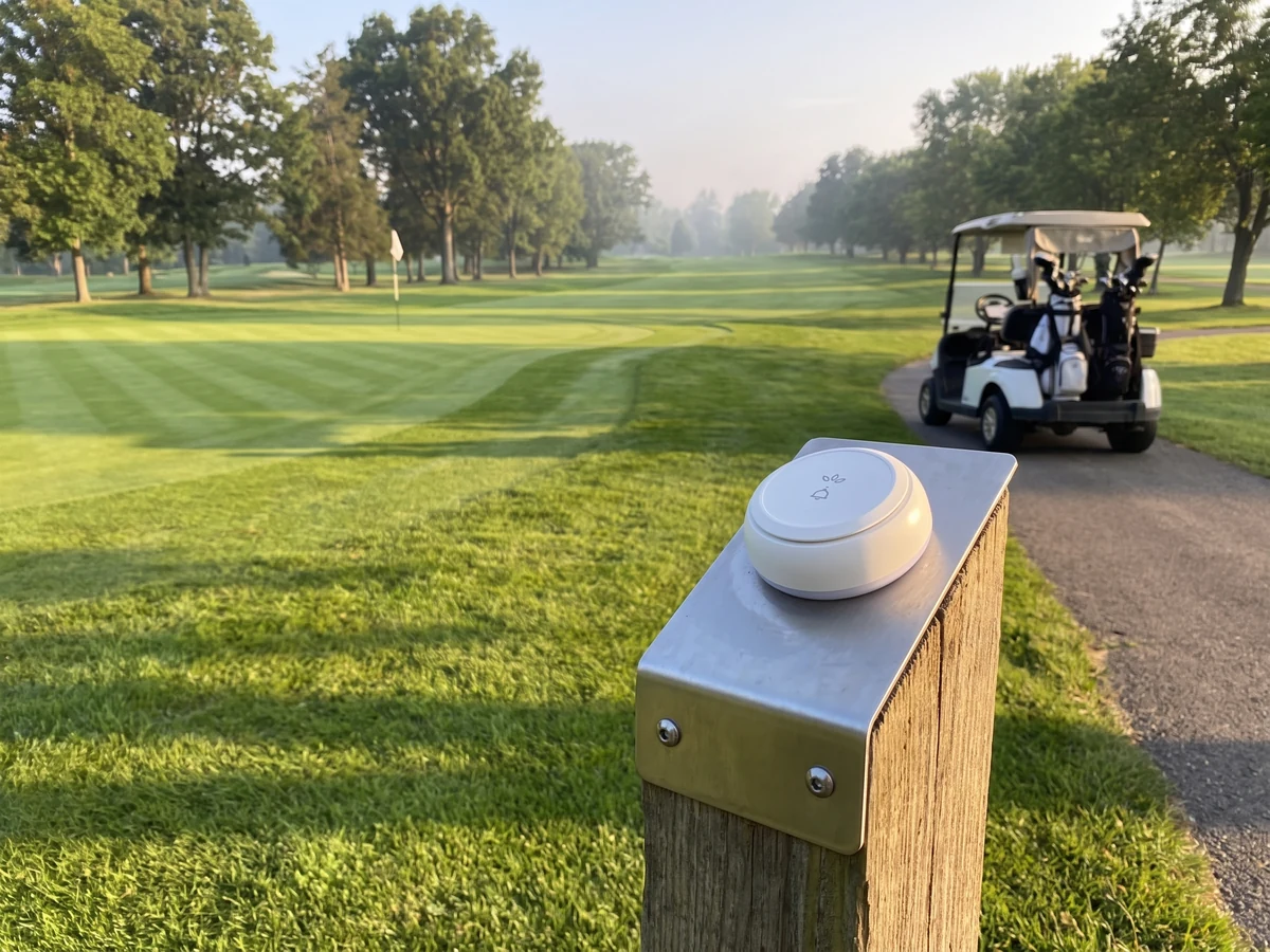 Golf sahasında fairway kenarındaki direğe monte Vycall çağrı butonu, arkada sopalı golf aracı