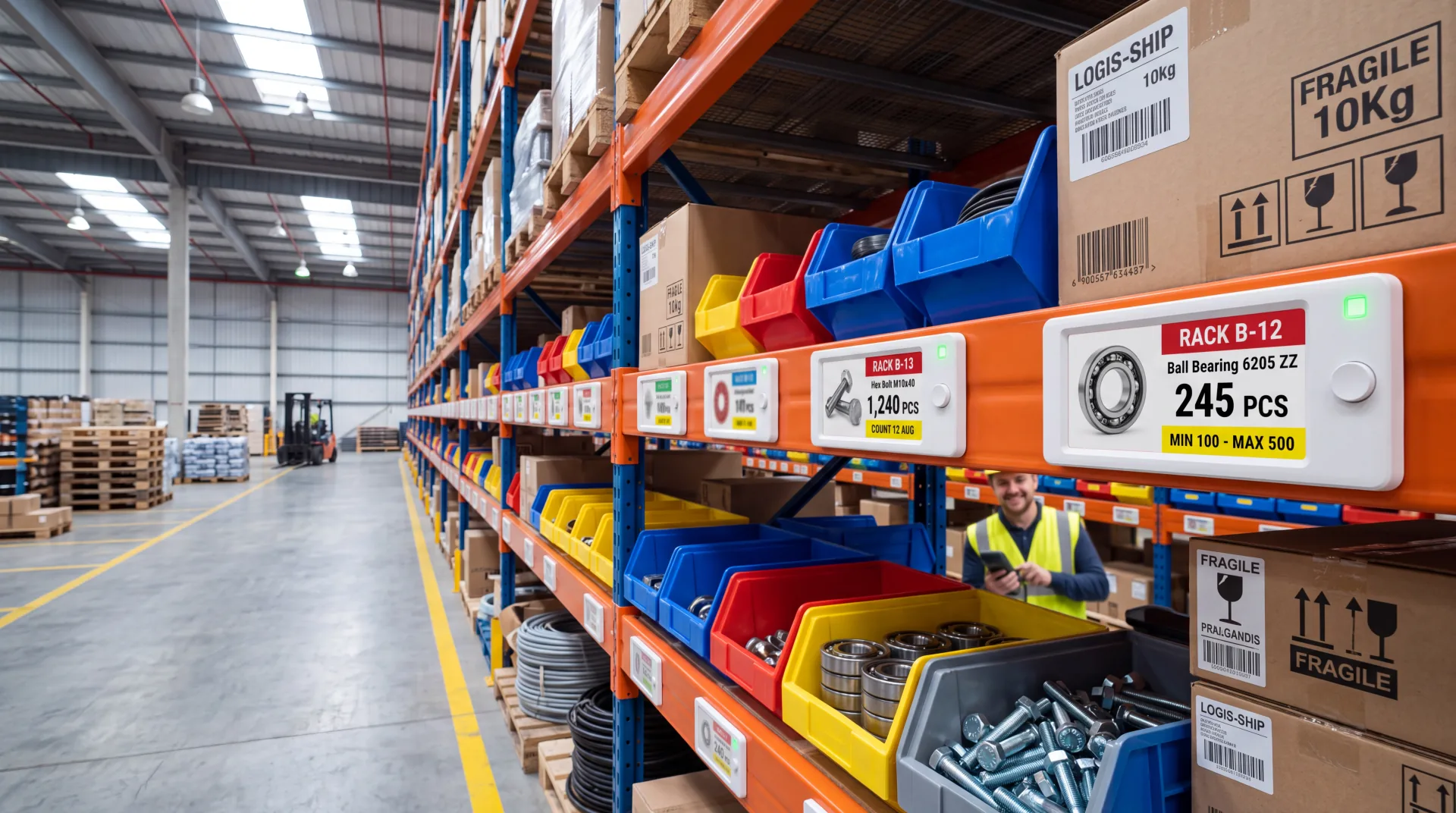 Warehouse rack labels with LED indicators showing rack address and stock count