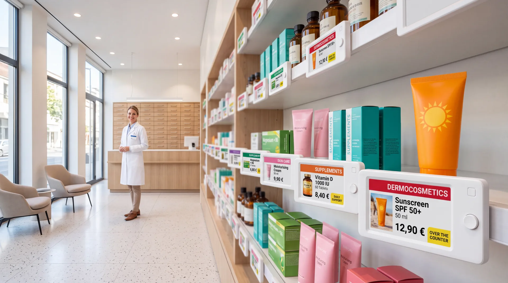 Electronic shelf labels on pharmacy shelves for dermocosmetics and supplements