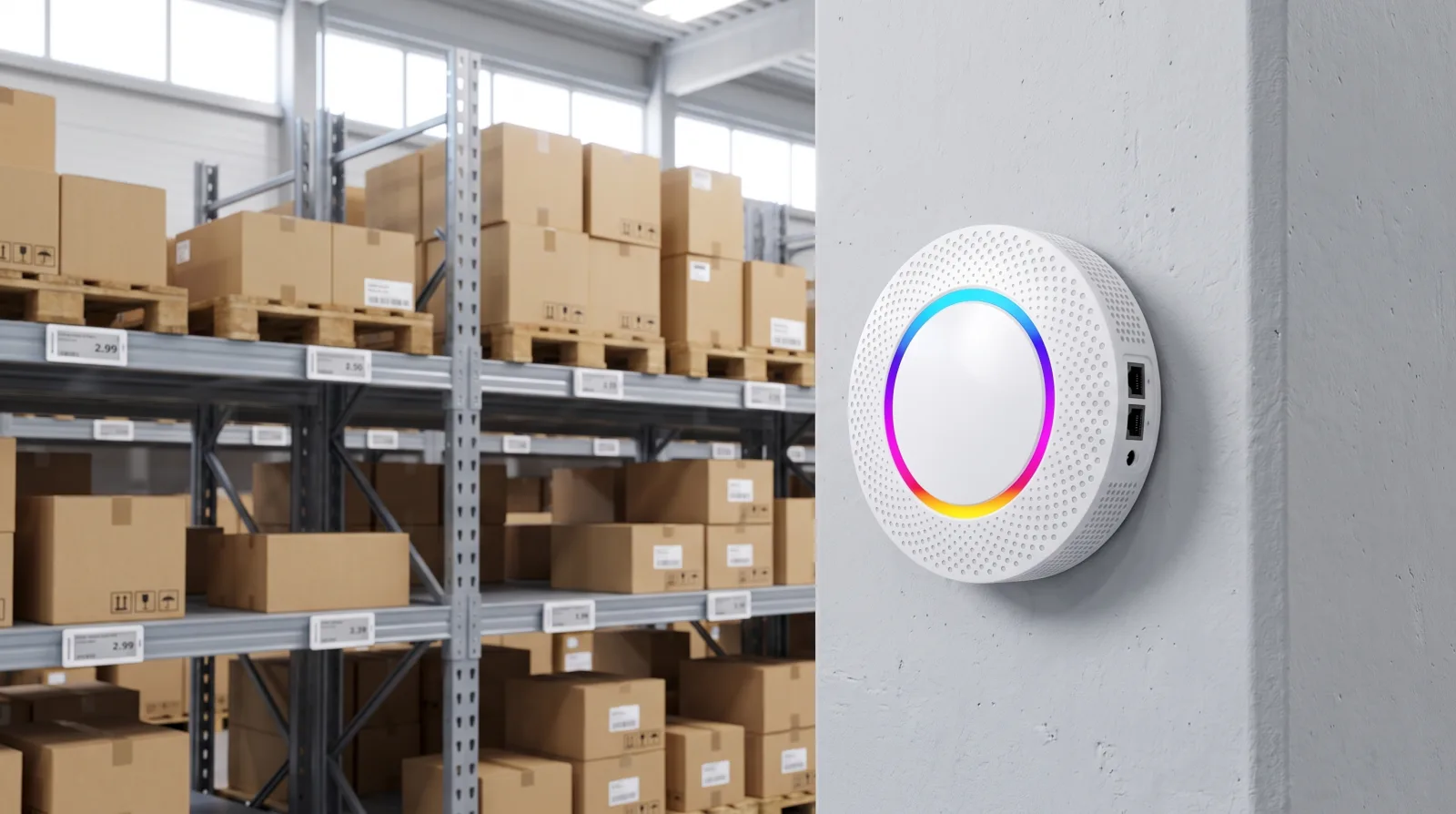 VyTag Gateway mounted on a pillar in a warehouse aisle