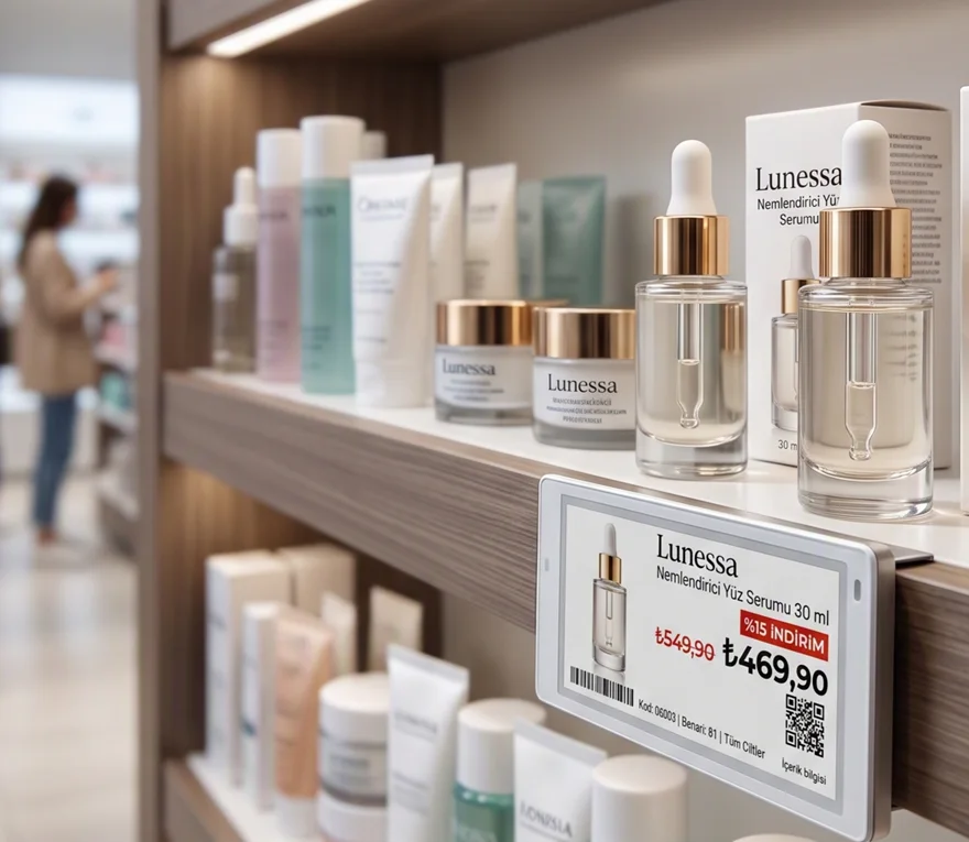 VyTag electronic shelf label showing a discounted price on a pharmacy dermocosmetics shelf