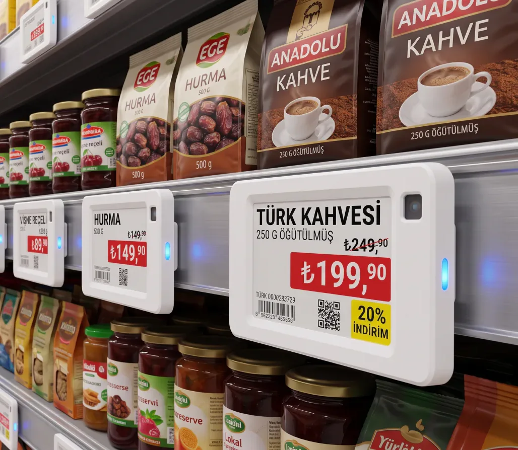 VyTag electronic shelf label showing a discounted price next to coffee products on a supermarket shelf