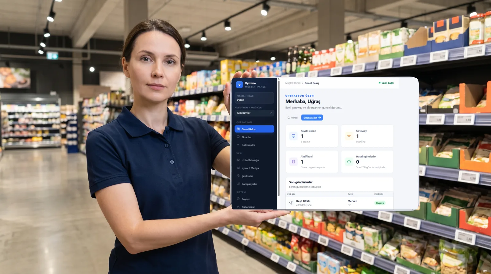 VyTag Cloud Software dashboard open on a tablet in a supermarket aisle