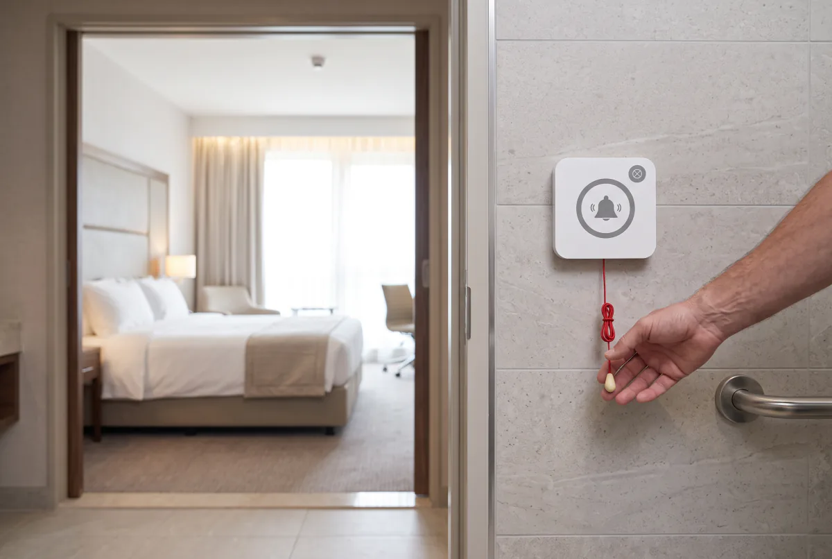 Otel odasının engelli banyosunda duvara monteli ipli Vycall yardım çağrı butonu