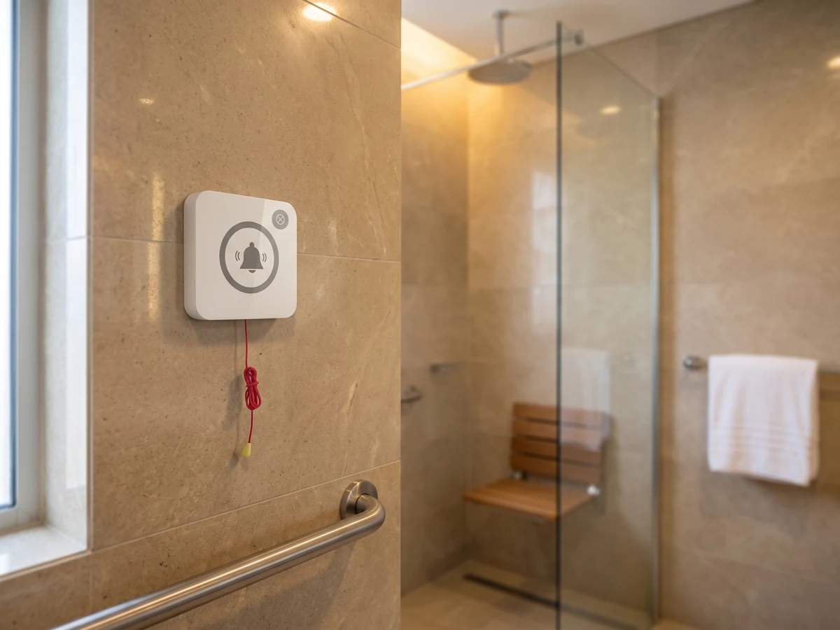 Otel banyosunda duşun yanındaki duvara monteli Vycall P200-PL ipli yardım çağrı butonu