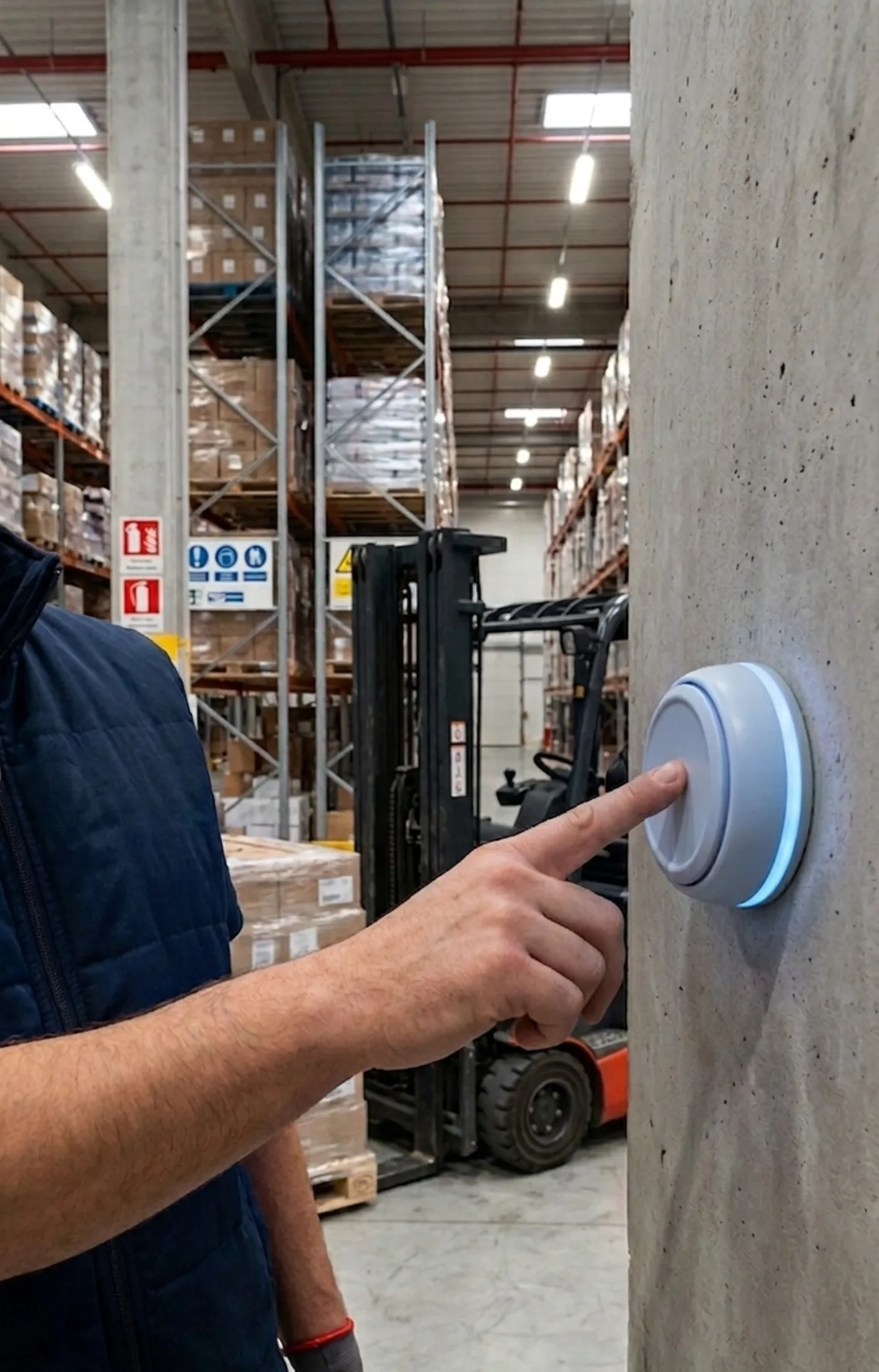 Depo sütununa monte Vycall çağrı butonu, arkada forklift ve raflar