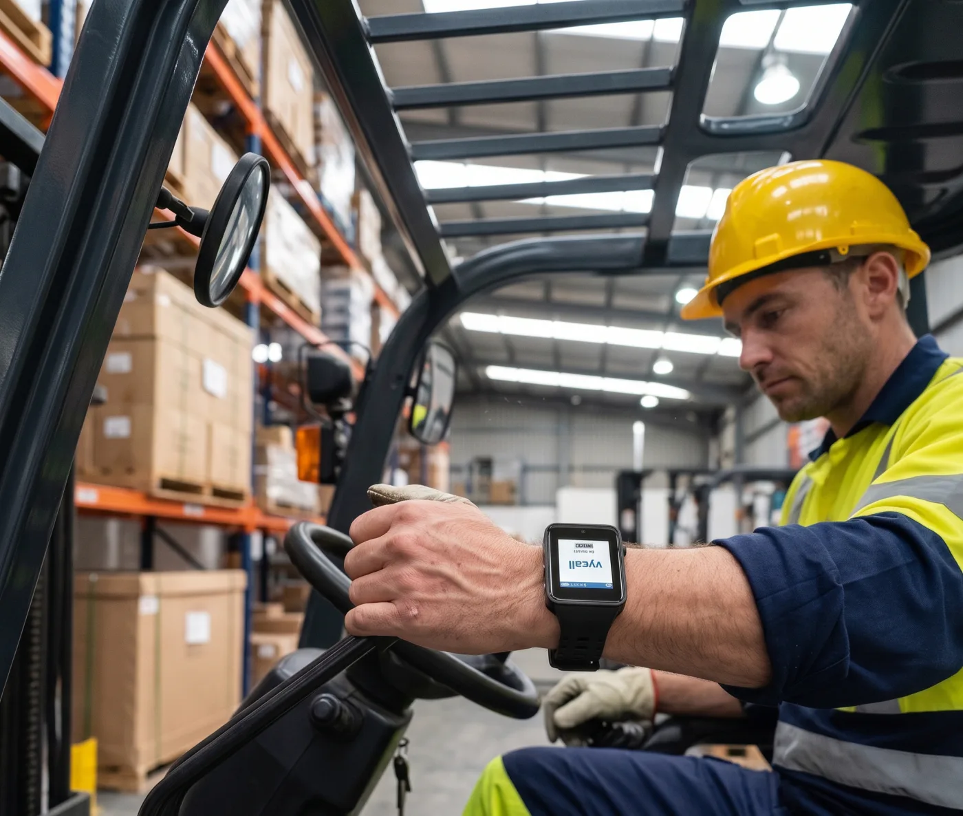 Forklift operatörünün bileğindeki Vycall çağrı saatine düşen sevkiyat çağrısı