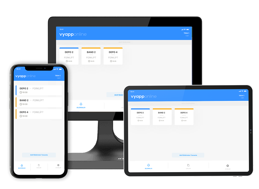 Forklift Çağrı Sistemi — VyApp alıcı uygulamaları: telefon, tablet ve bilgisayar
