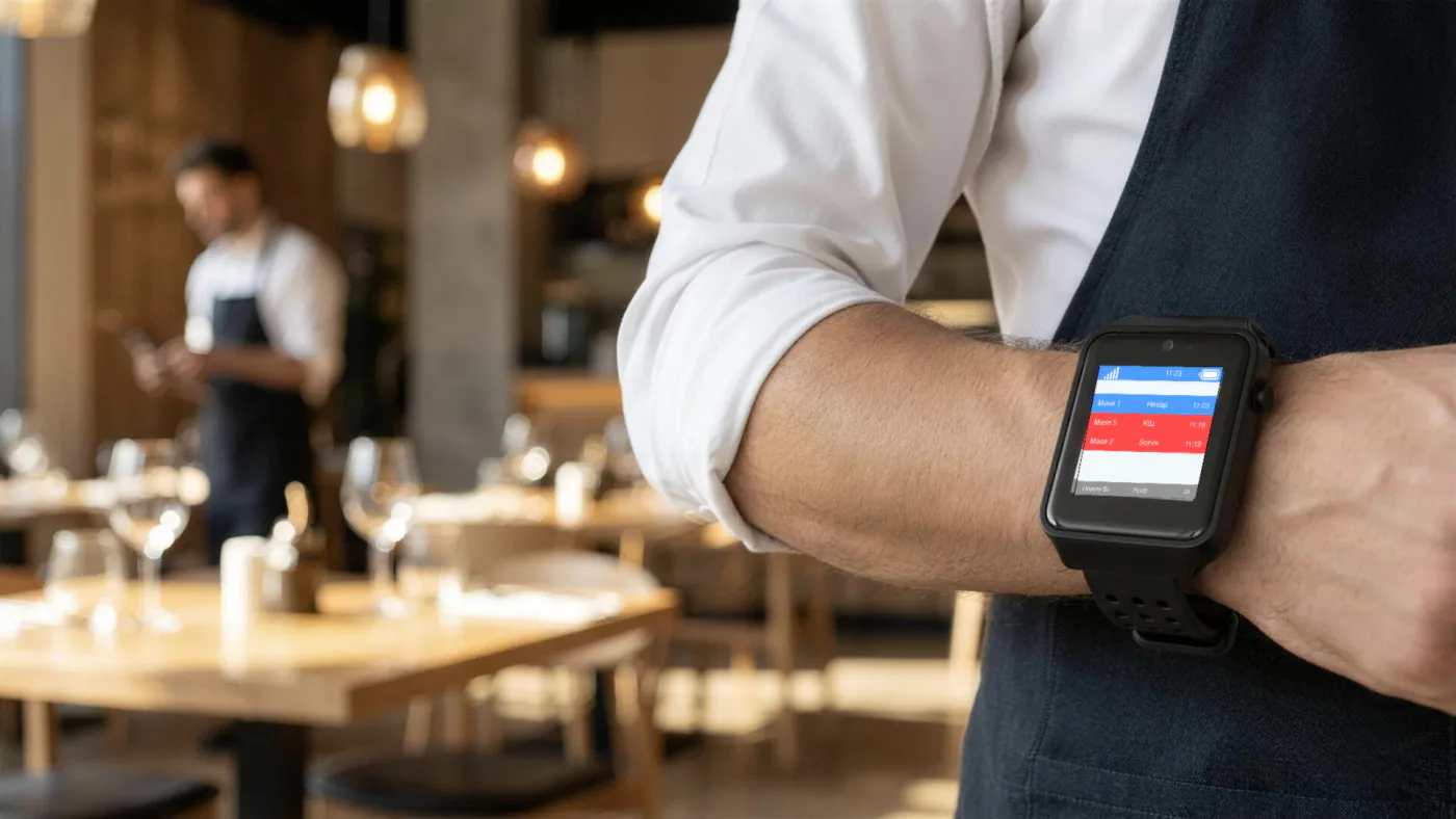 Restoran salonunda garsonun bileğindeki Vycall pager saatine düşen masa çağrısı