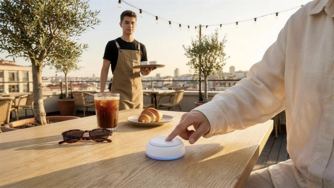 Kafe terasında masadaki Vycall çağrı butonuna basan misafir, arkada tepsiyle gelen garson