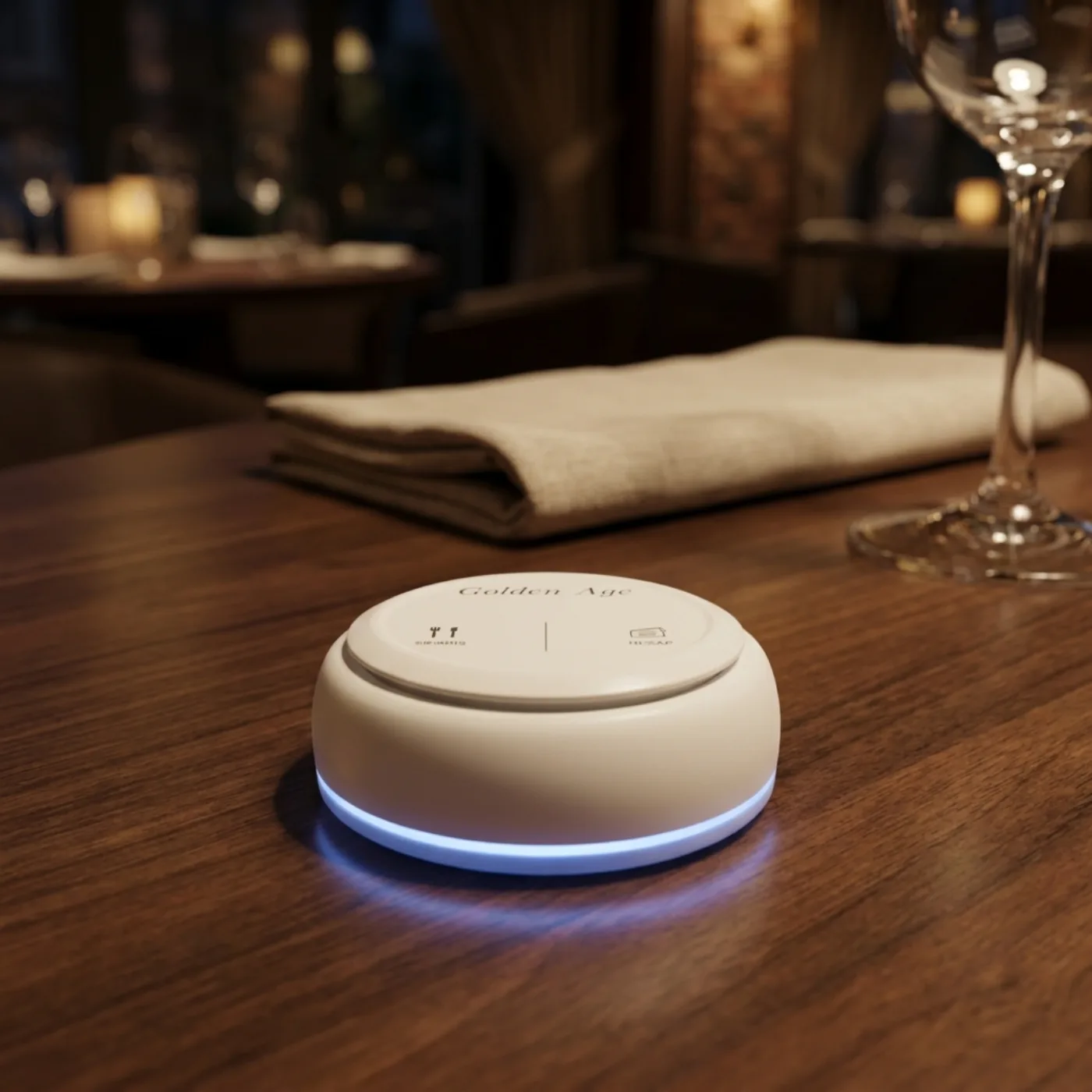 Restoran masasında akşam servisinde duran Vycall çağrı butonu