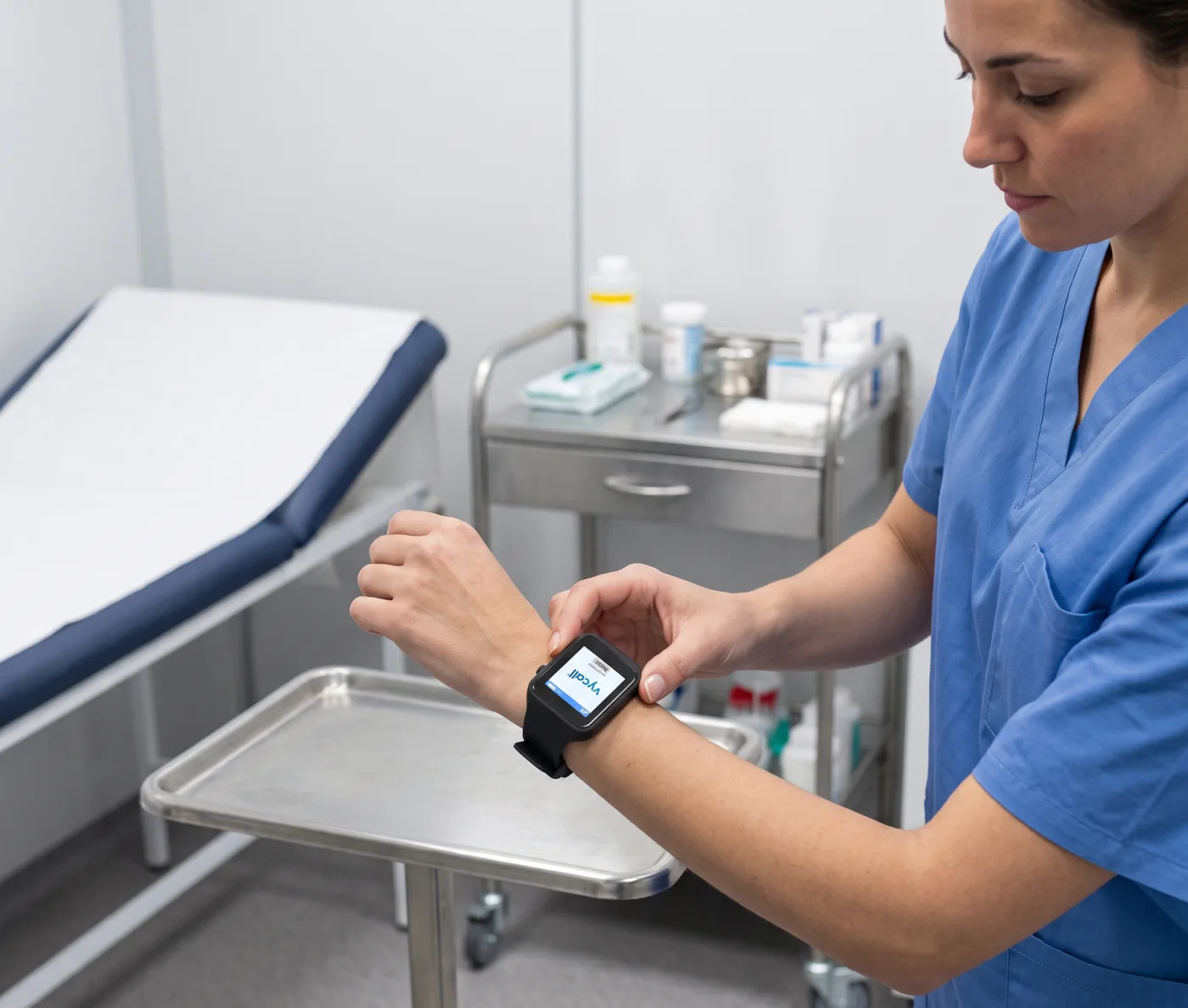 Klinikte hemşirenin bileğindeki Vycall çağrı saatine düşen hasta çağrısı