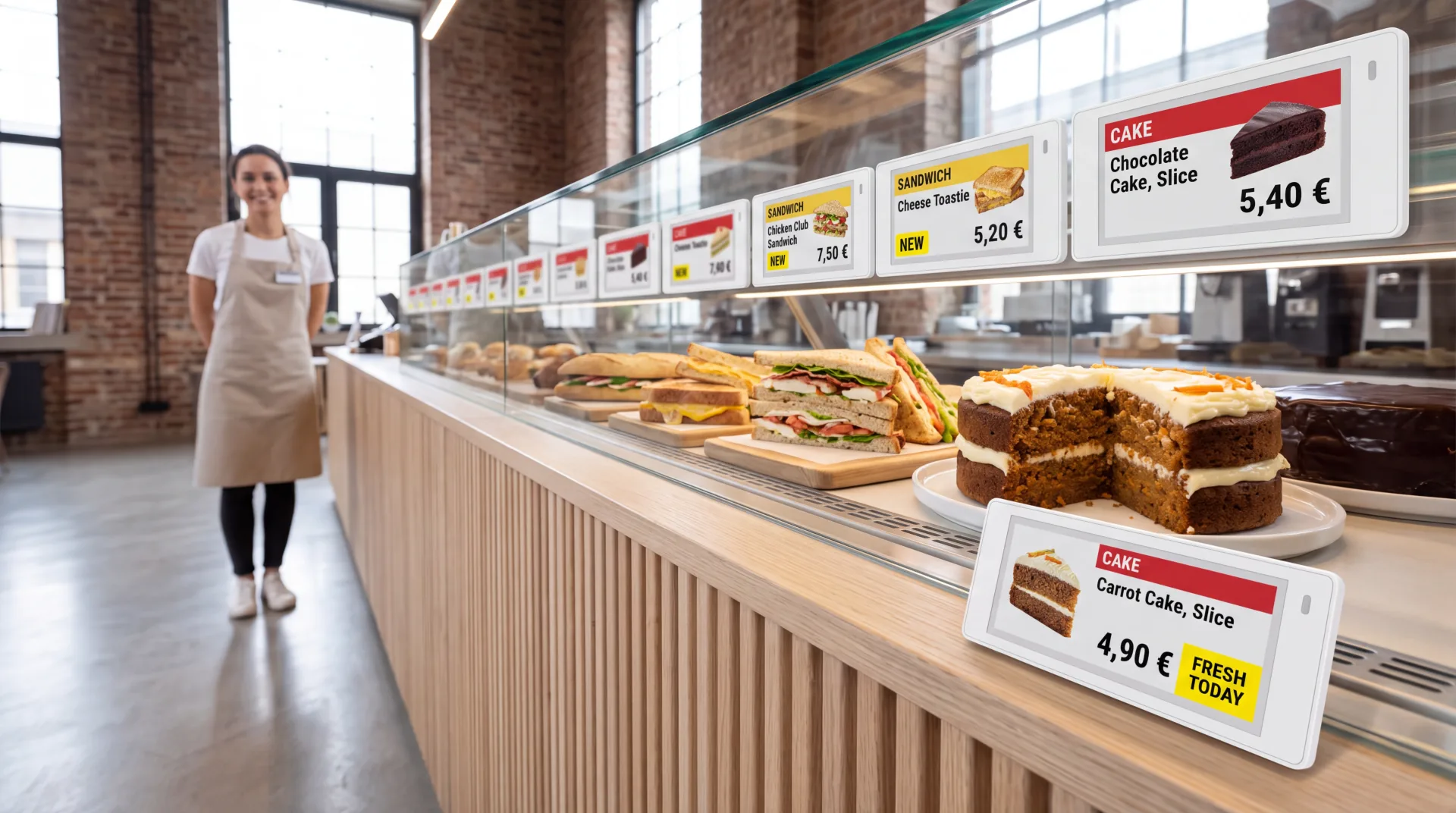 Digital price labels showing products and prices in a cafe display case