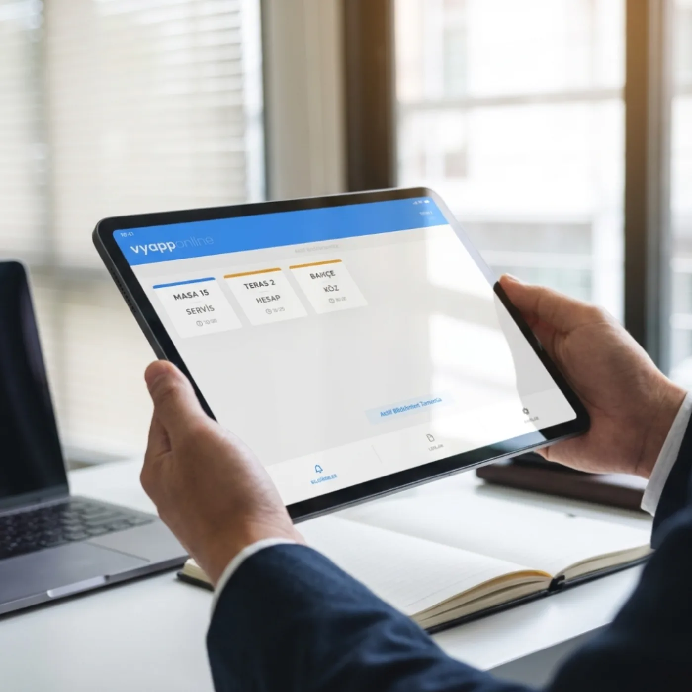 Yöneticinin elindeki tablette VyApp Smart Call çağrı ekranına düşen talep
