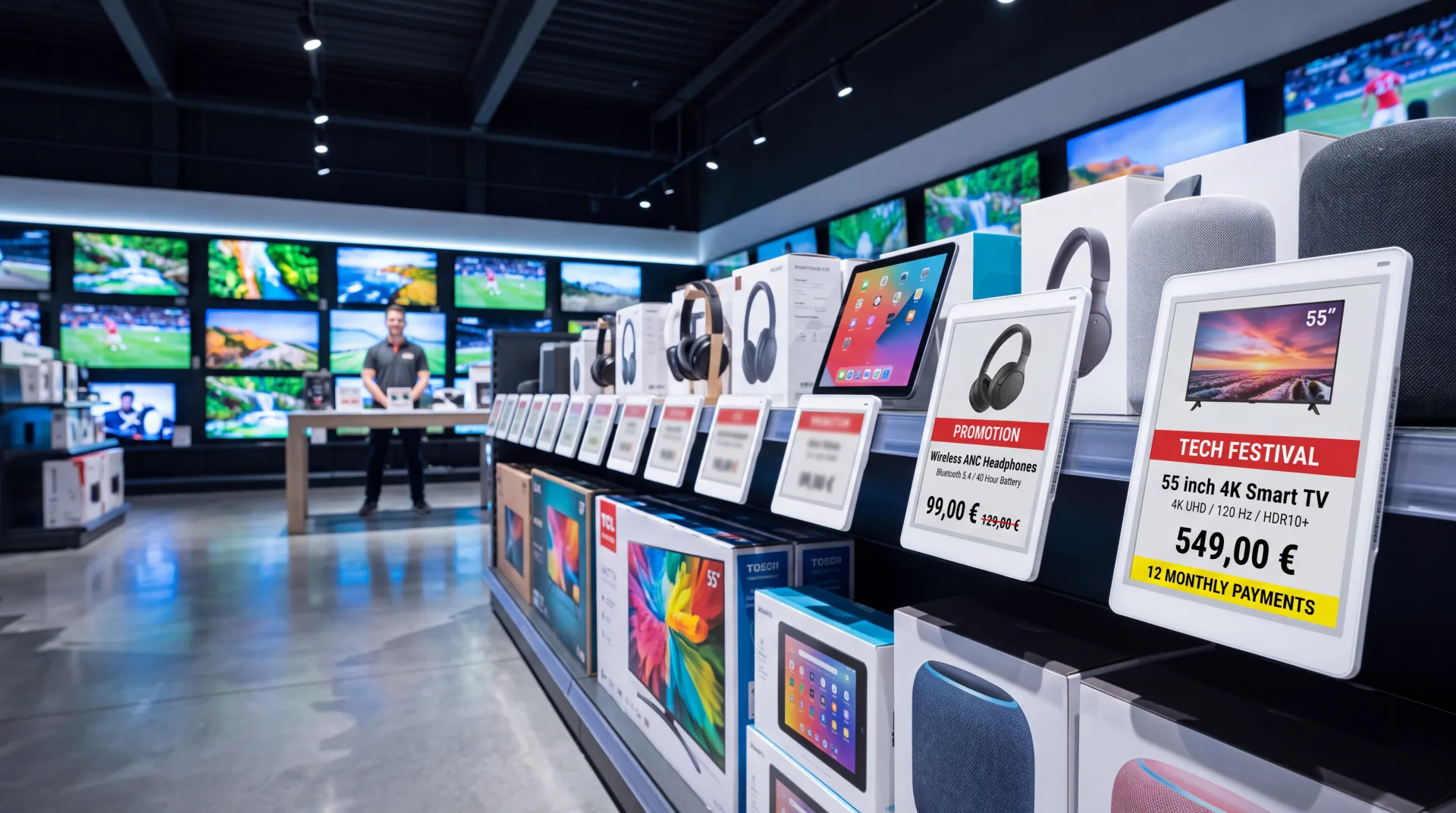 Electronic price labels showing campaigns on electronics store shelves