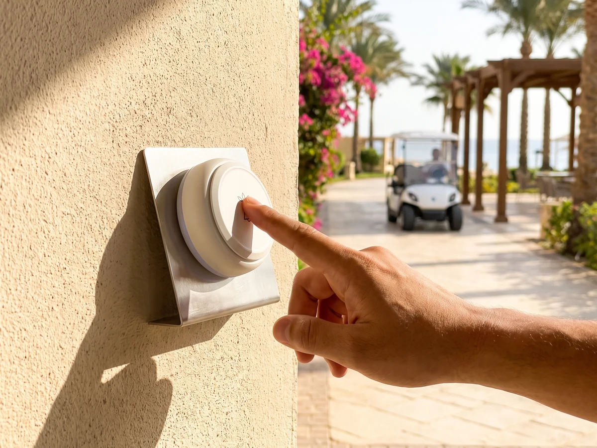 Resort durağında duvara monteli Vycall buggy çağrı butonuna basan misafirin eli, arkada gelen servis aracı