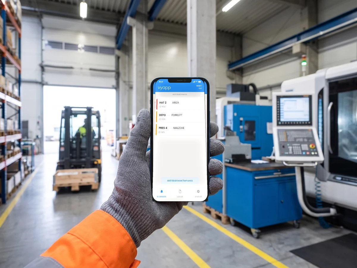 Forklift operatörünün elindeki telefonda VyApp Smart Call ekranında beliren istasyon çağrıları