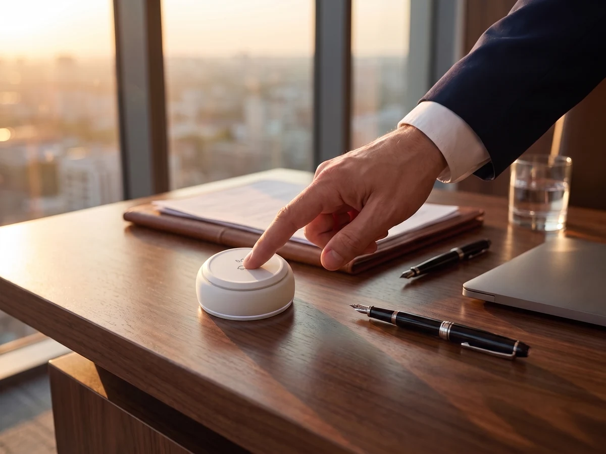 An executive pressing the Vycall B300 call button on the wooden desk in an executive office