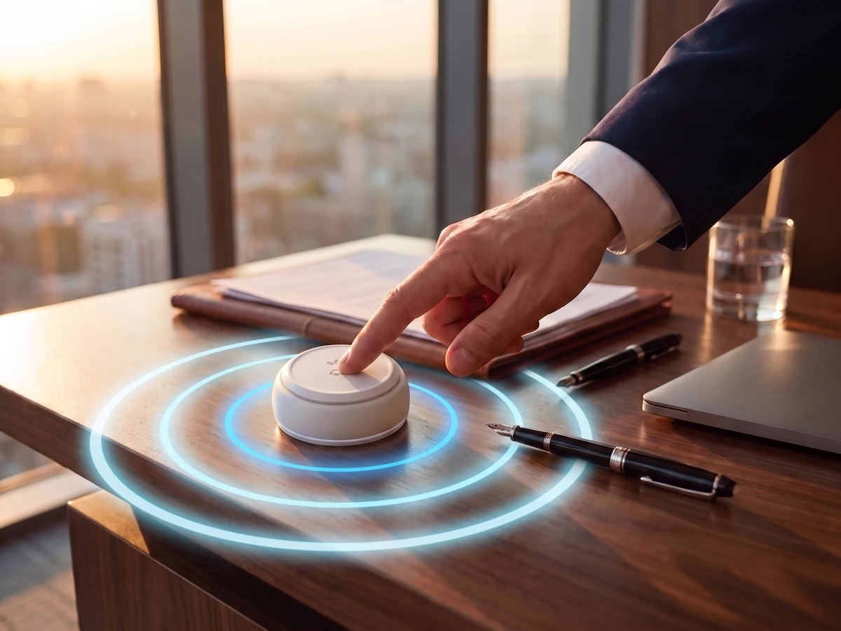 The wireless signal spreading from the Vycall B300 button in the executive office to the receivers