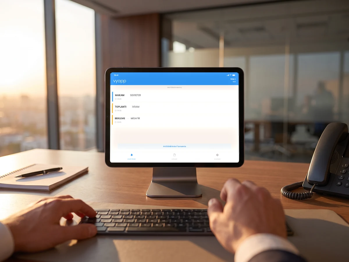 Executive, meeting and waiting calls appearing in the VyApp Smart Call list on the tablet at the secretary's desk