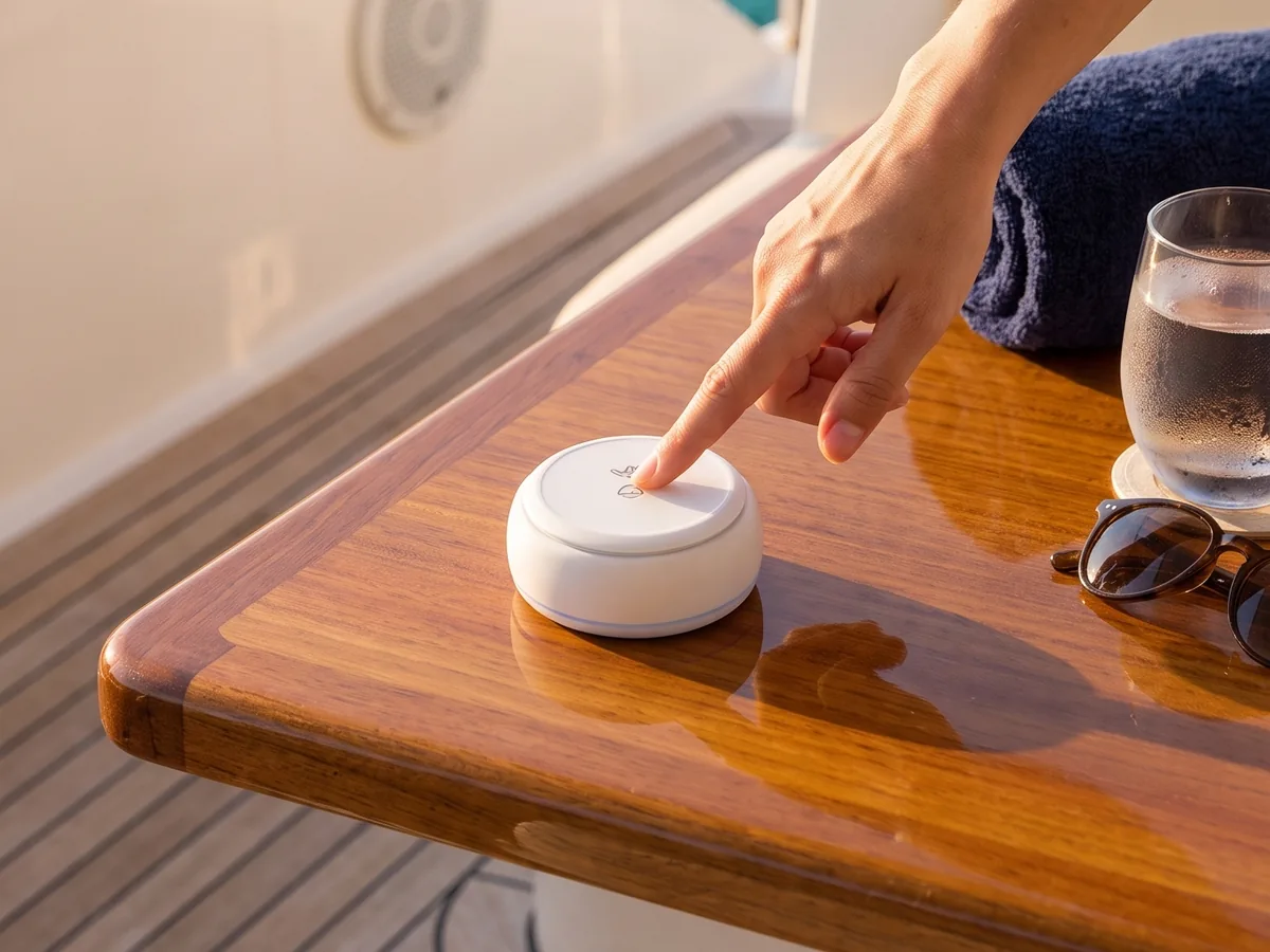 A guest touching the call button on a sunbed side table on deck