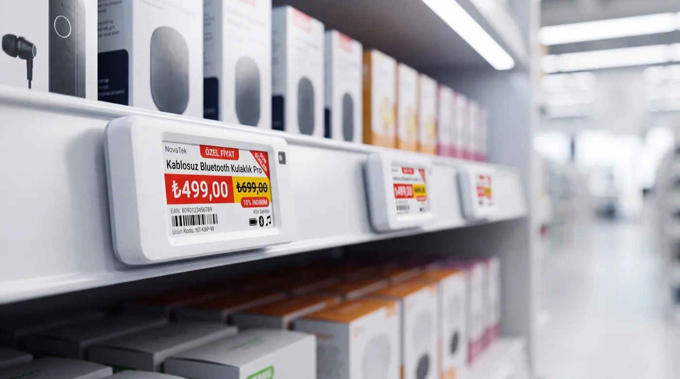 VyTag electronic shelf label clipped to a store shelf rail showing a discounted price