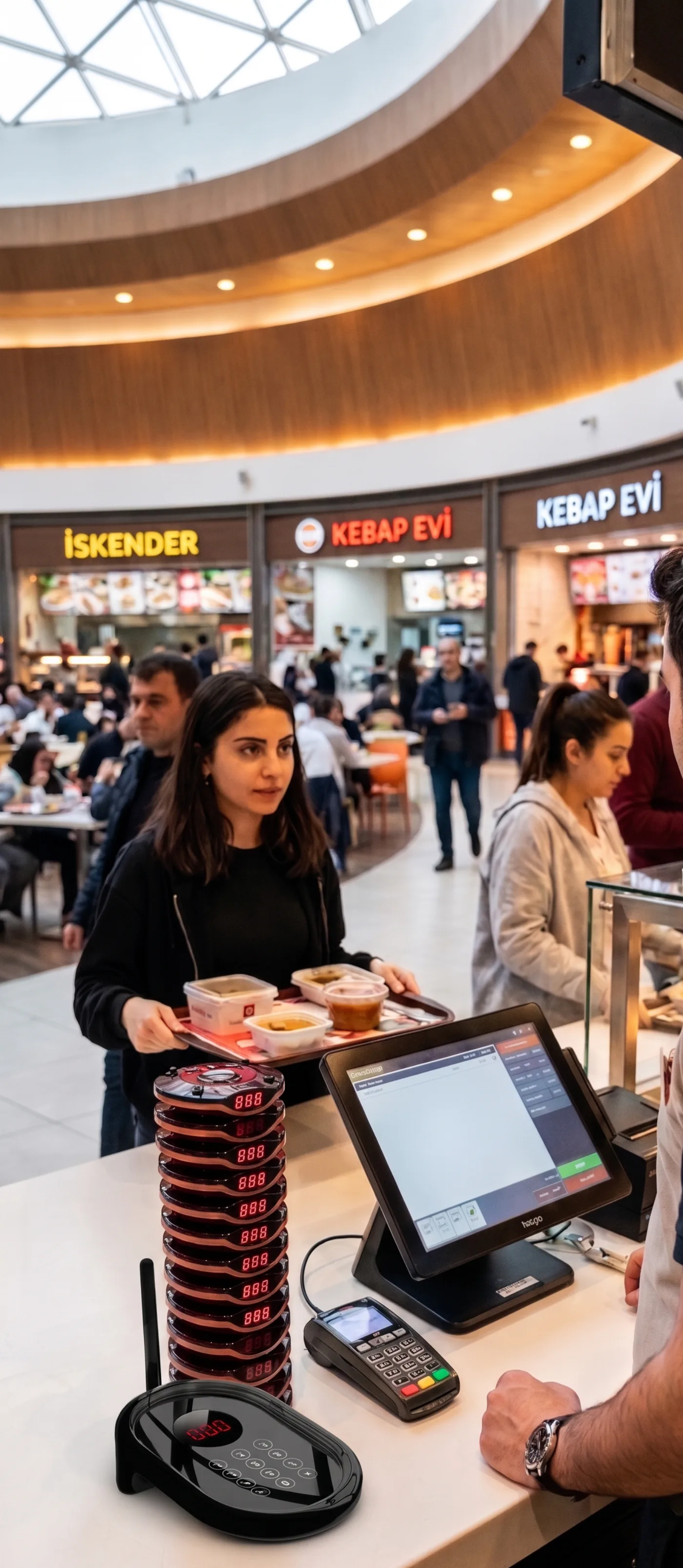 Alışveriş merkezi food court alanında sipariş bankosundaki Vycall çağrı cihazı kulesi
