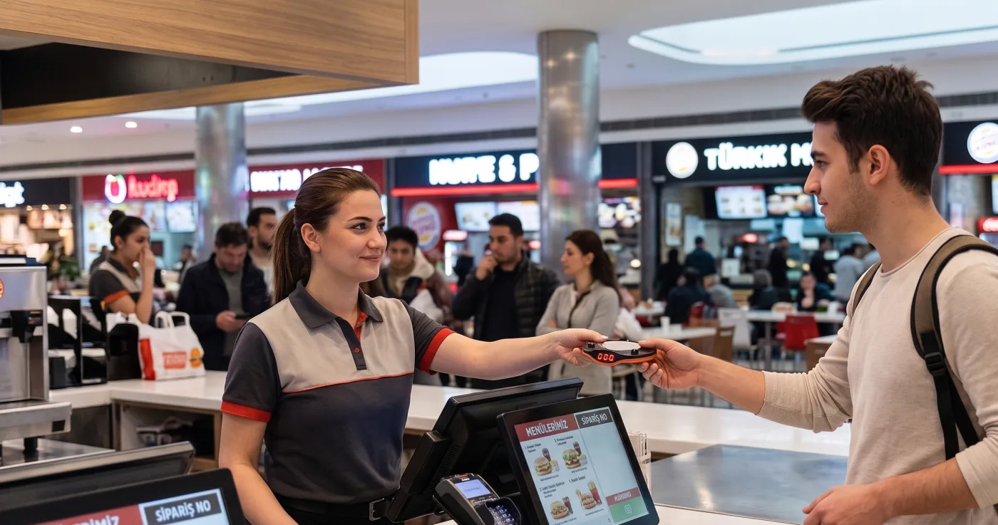 Food court bankosunda müşteriye titreşimli Vycall çağrı cihazı veren görevli