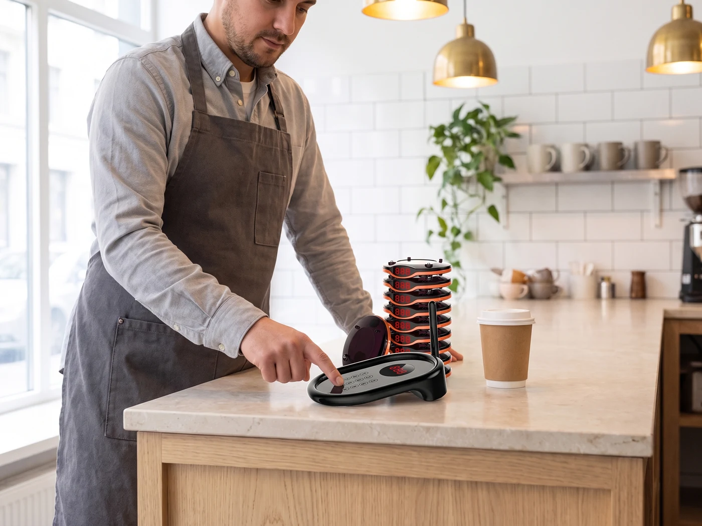 Coffee shop bankosunda pager numarasını KP10 numara vericiye giren barista