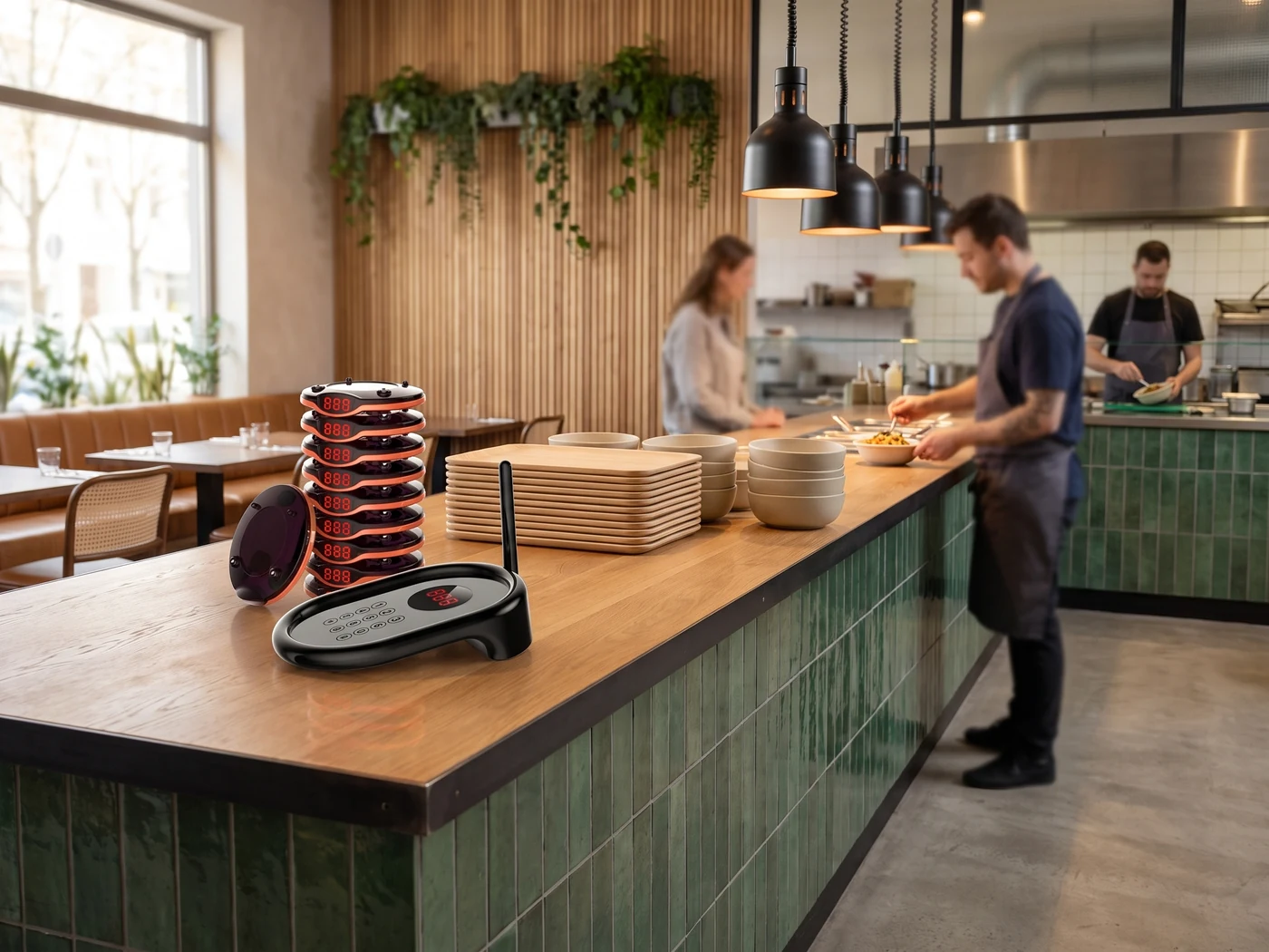 Modern self servis restoranın teslim bankosunda VyCall pager şarj kulesi ve KP10 numara vericisi