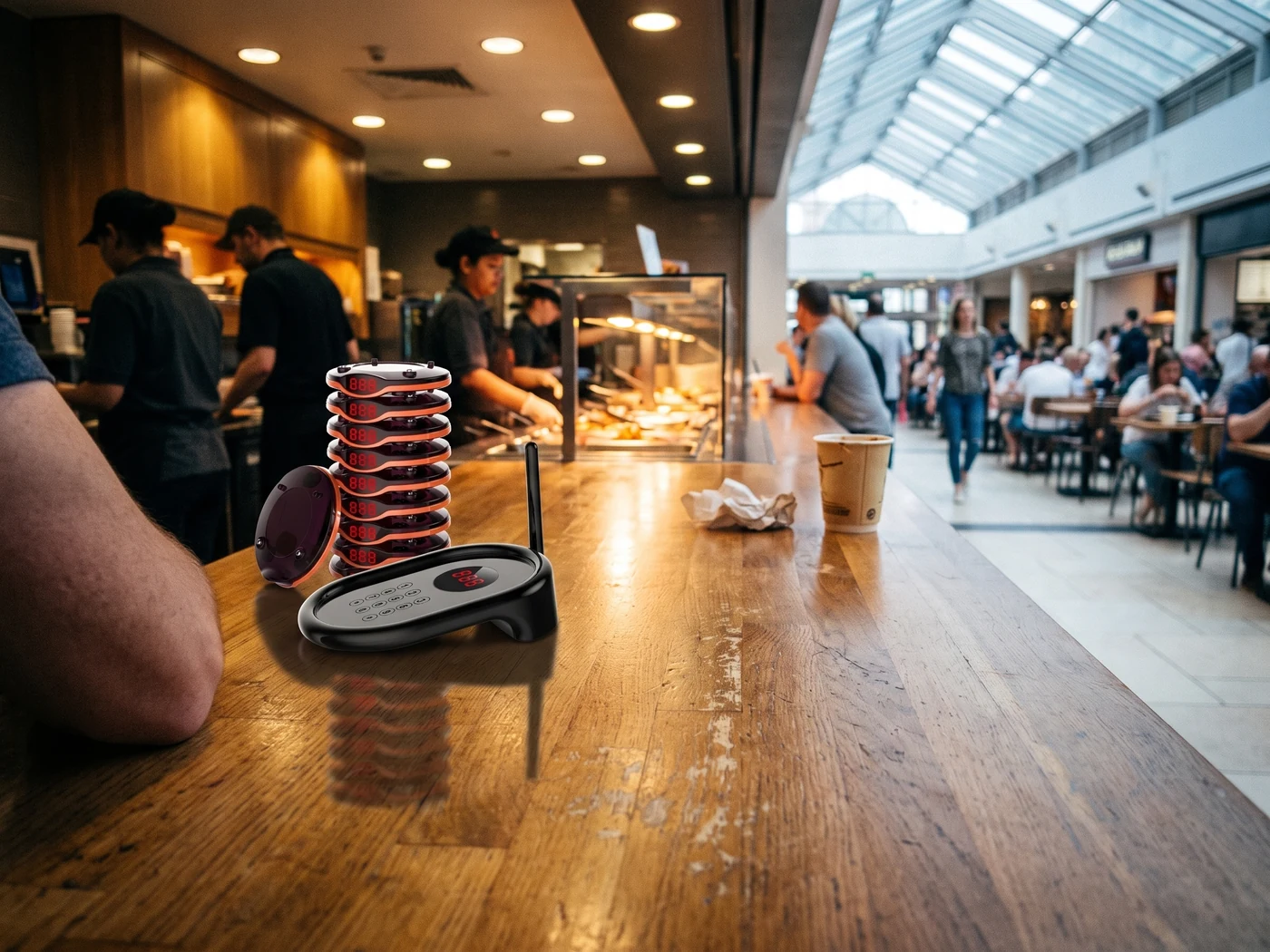 Alışveriş merkezi food court bankosunda VyCall pager şarj kulesi ve KP10 numara vericisi