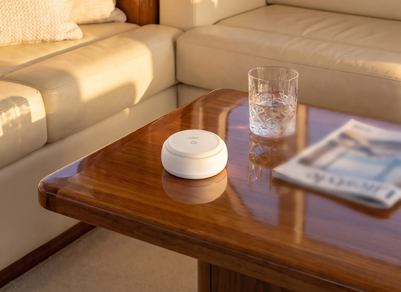 Vycall wireless call button on the coffee table in the main saloon of a yacht