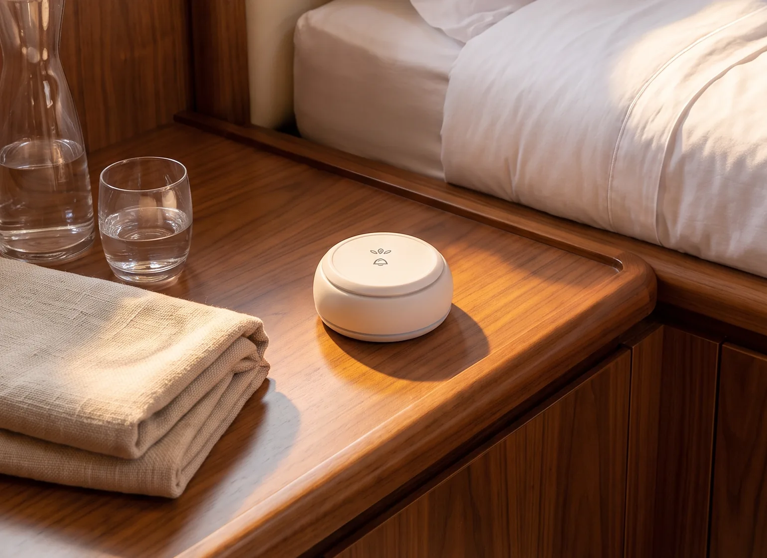 Vycall wireless call button on the bedside table in a yacht guest cabin