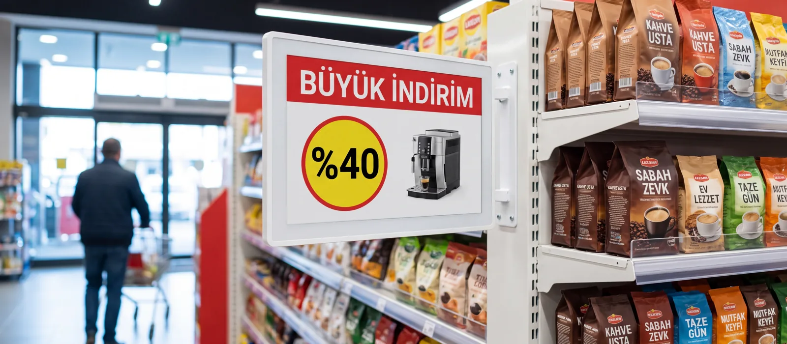 Mağaza reyon ucunda kampanya panosu olarak kullanılan VyTag 7,3 inç altı renkli elektronik bilgi ekranı