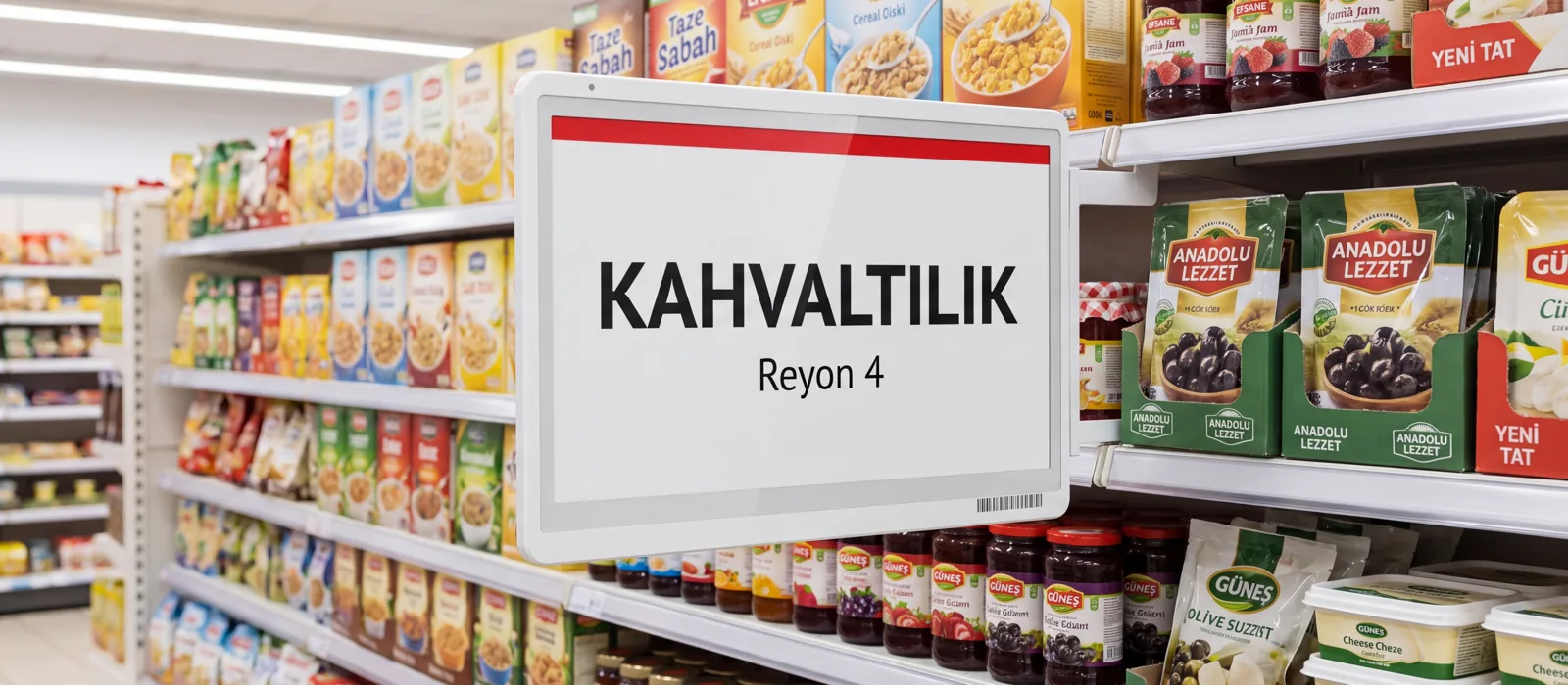 Market reyon başlığında kategori adını gösteren VyTag 7,5 inç elektronik bilgi ekranı
