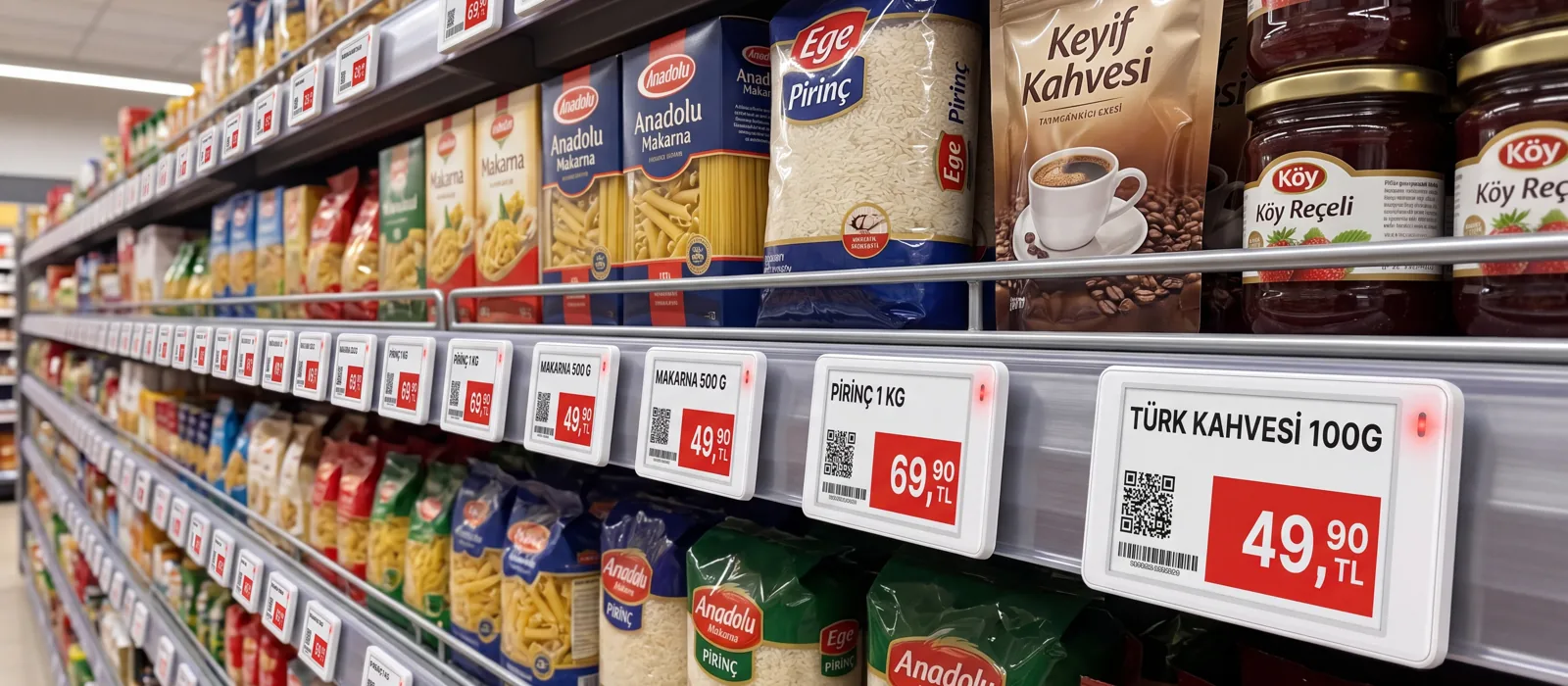 Market reyonunda raf rayı boyunca sıralanmış VyTag elektronik raf etiketleri, ürün adı ve fiyat okunuyor