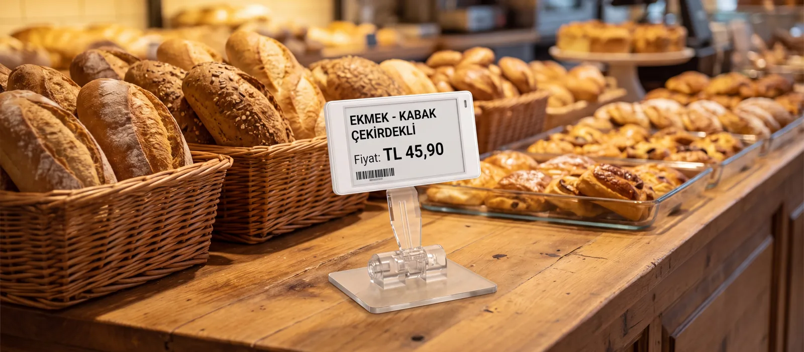VyTag electronic shelf label standing on a clear T-stand on a bakery counter