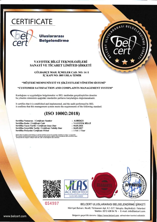 Vycall ISO 10002:2018 müşteri memnuniyeti ve şikâyet yönetim sistemi sertifikası