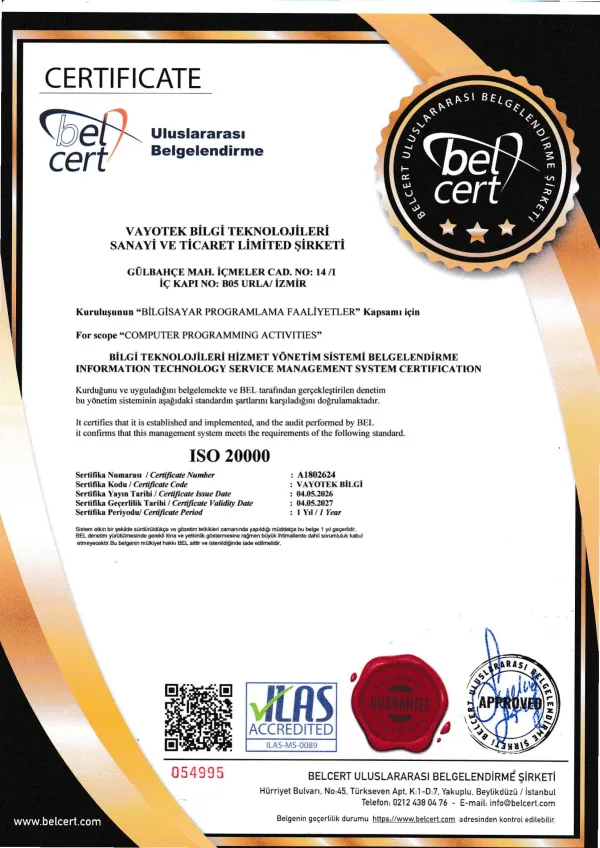 Vycall ISO 20000 bilgi teknolojileri hizmet yönetim sistemi sertifikası