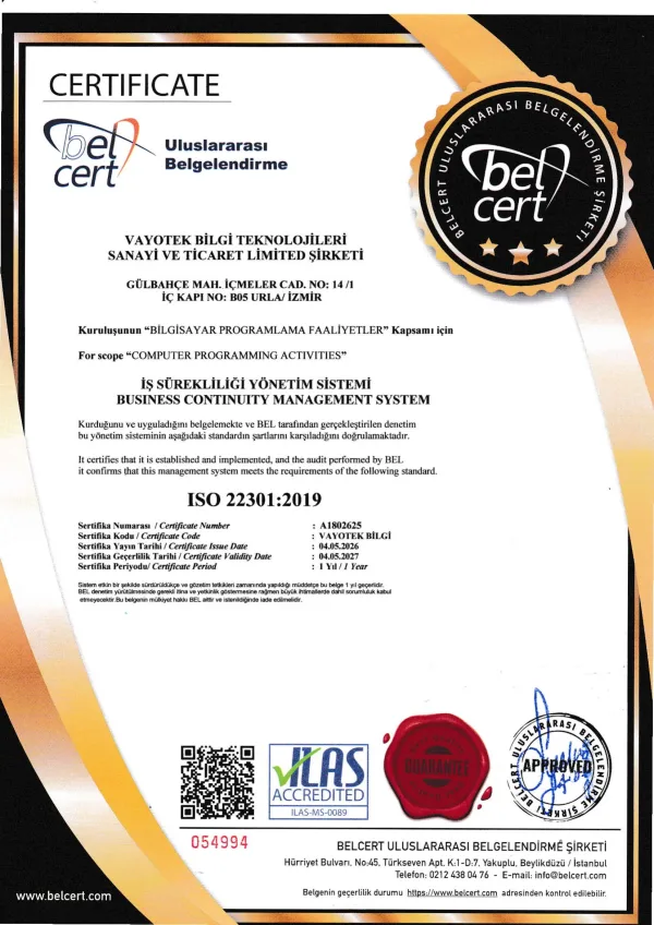 Vycall ISO 22301:2019 iş sürekliliği yönetim sistemi sertifikası