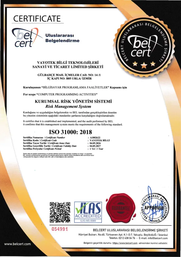 Vycall ISO 31000:2018 kurumsal risk yönetim sistemi sertifikası