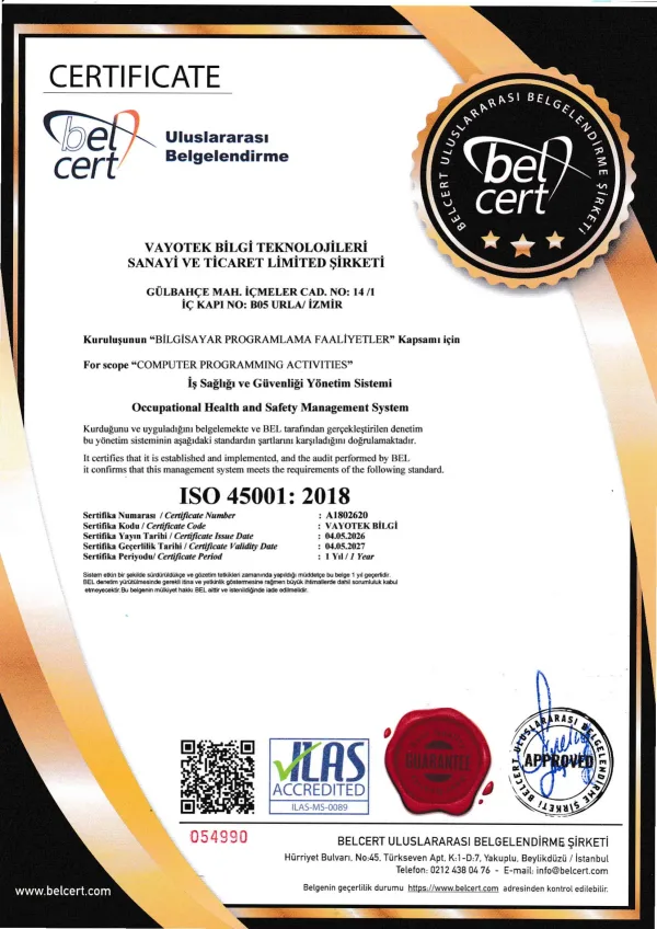 Vycall ISO 45001:2018 iş sağlığı ve güvenliği yönetim sistemi sertifikası