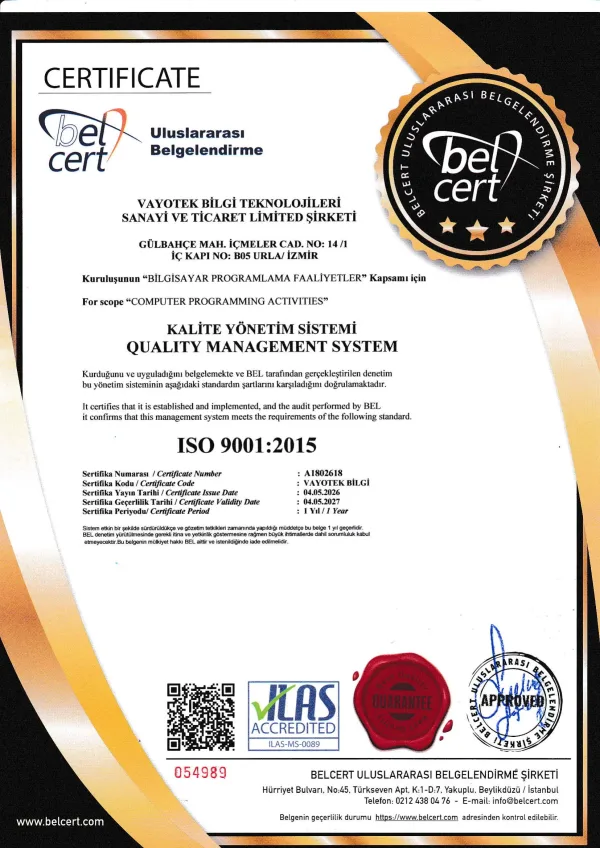 Vycall ISO 9001:2015 kalite yönetim sistemi sertifikası