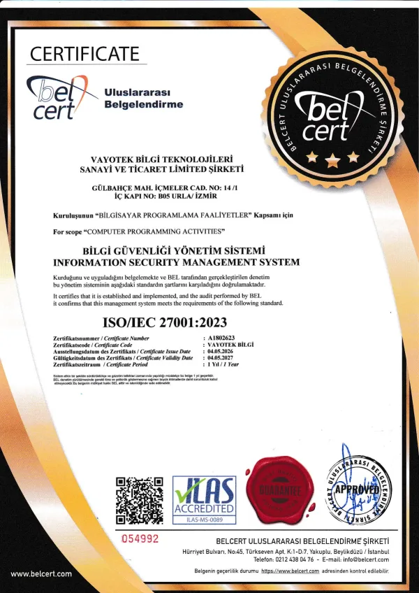 Vycall ISO/IEC 27001:2023 bilgi güvenliği yönetim sistemi sertifikası