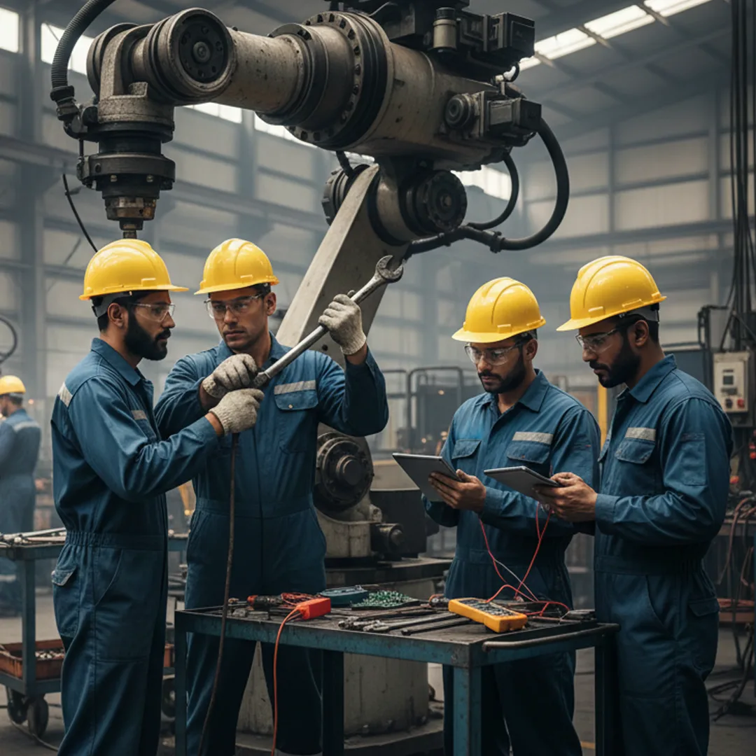 Maintenance technicians working on a robotic arm