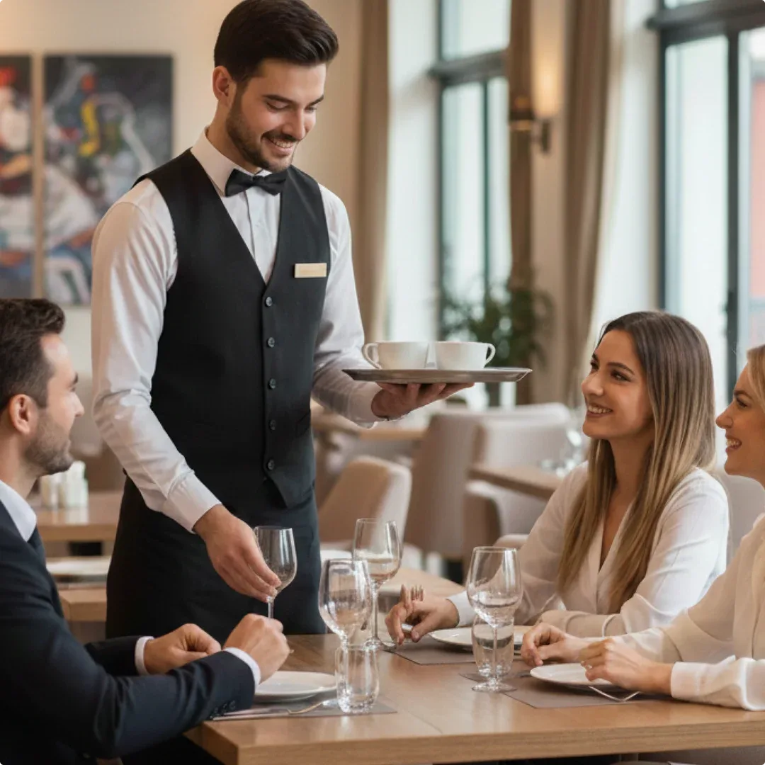 Waiter serving a table in a restaurant