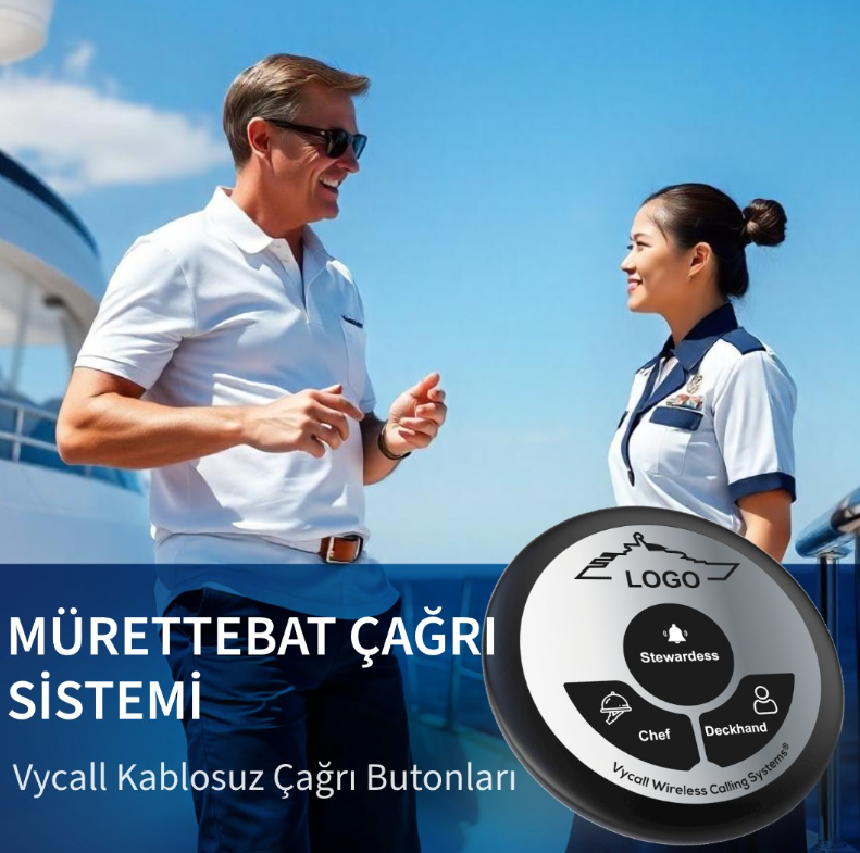 Yacht guest and crew member with a crew calling button