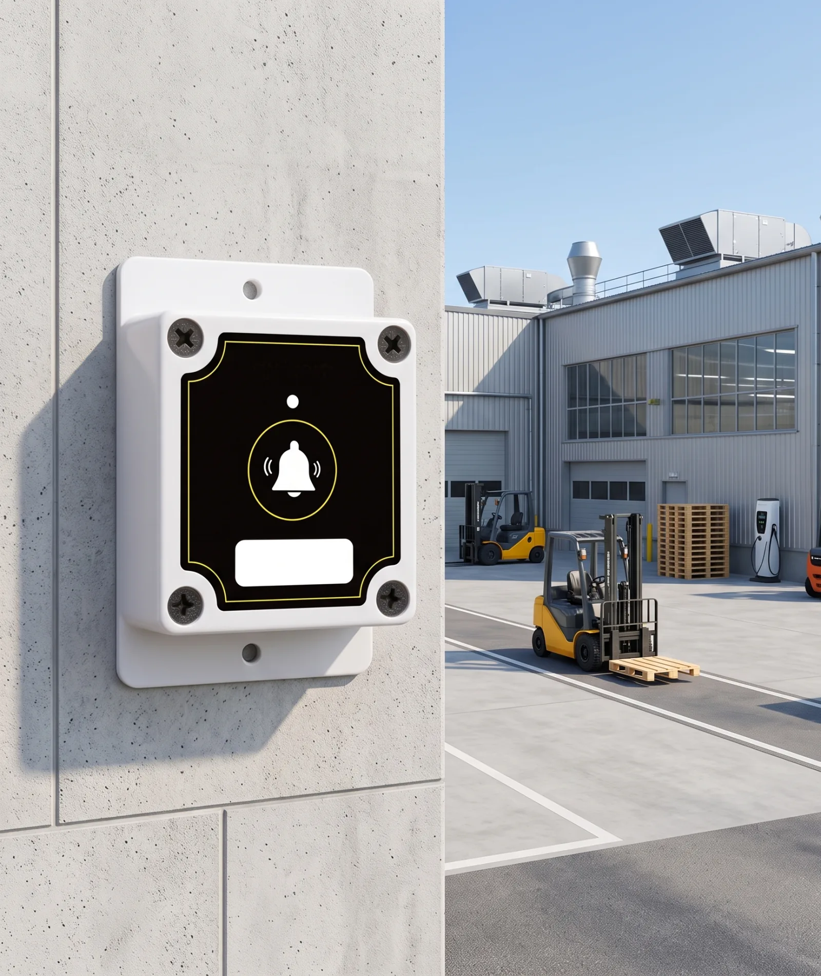 A wall-mounted Vycall A100 outdoor call button in a loading yard